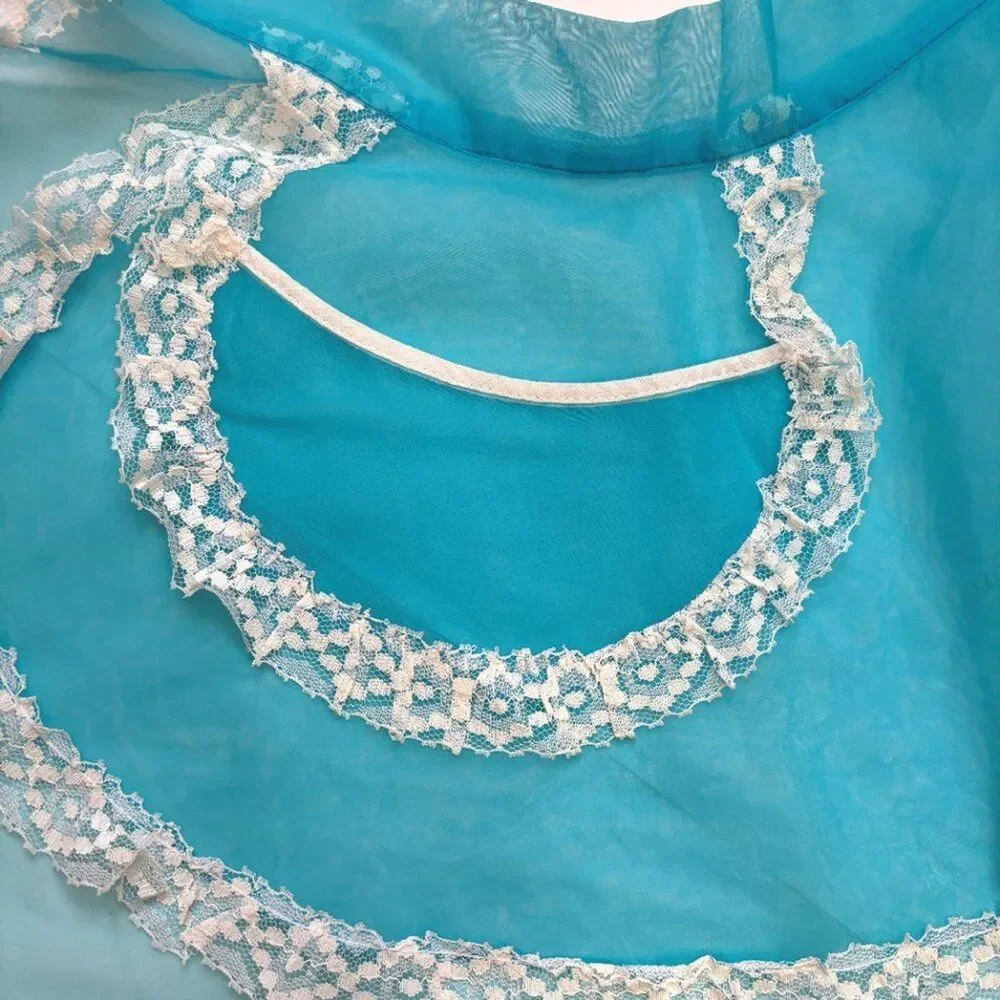 Vintage French Maid Organdy Half Apron Blue Ruffled Layered Hostess Sheer